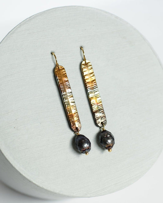 Refined Through Fire Earrings | FW Pearl & Repurposed Auto Copper Brake Line | Gold Plated Ear Wire