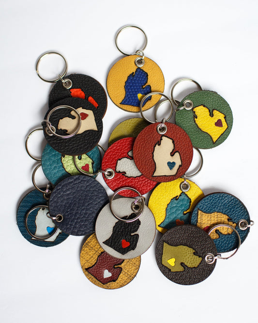 On the Move Michigan Keychain | Repurposed Automotive Leather | Team & Various Colors Available