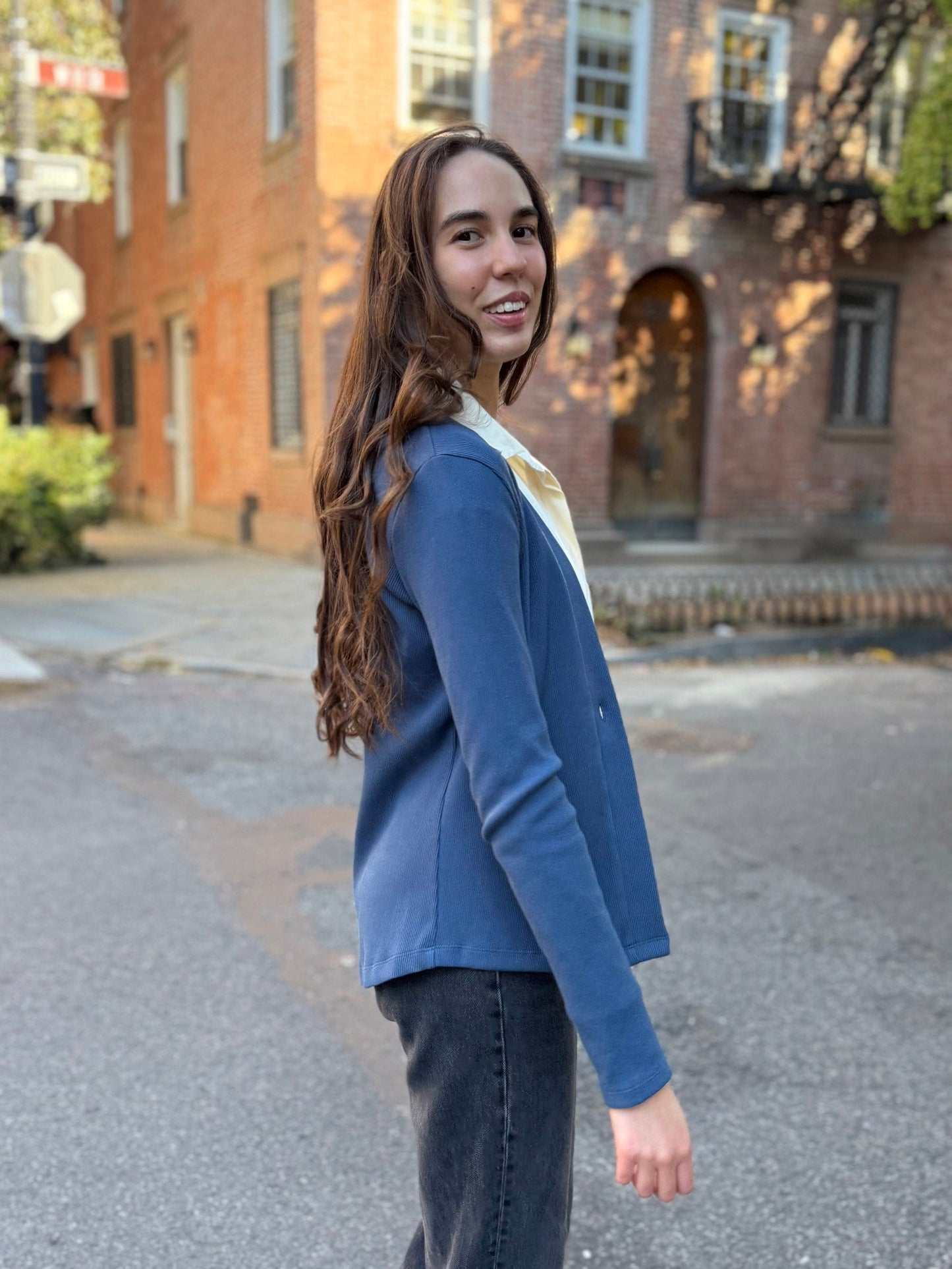 JUDE rib-knit fitted cardigan in Faded Navy