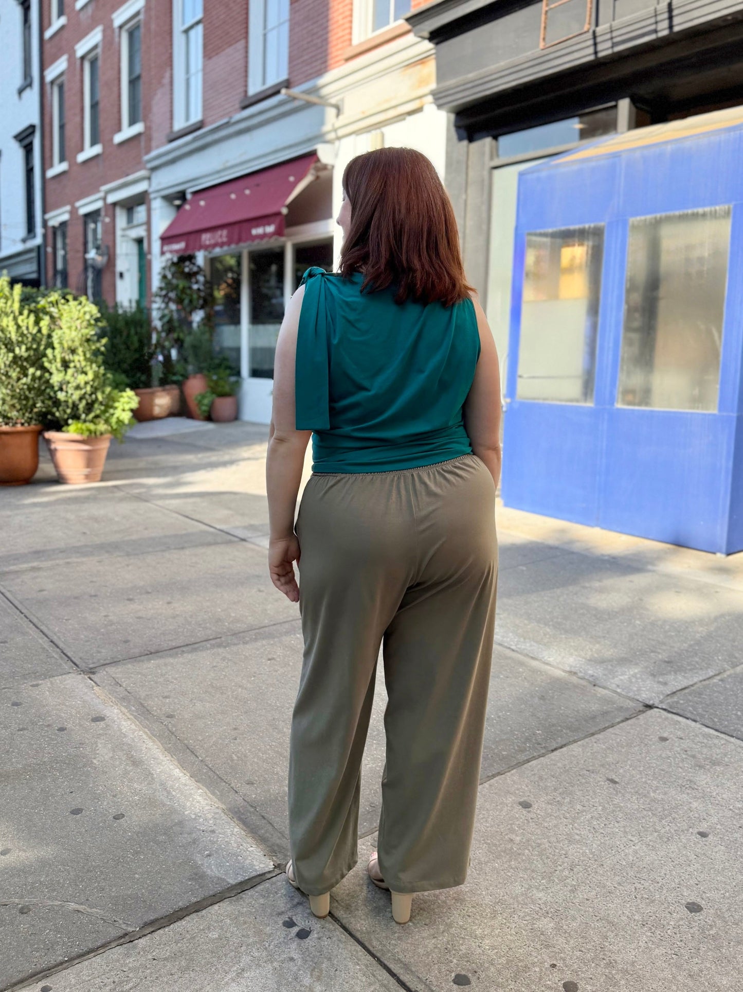 EVELINE smocked jersey pants in Silver Sage