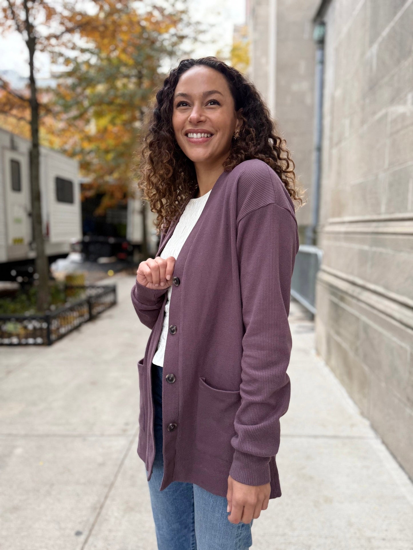 EVERLY waffle knit cardigan in Plum Shadow