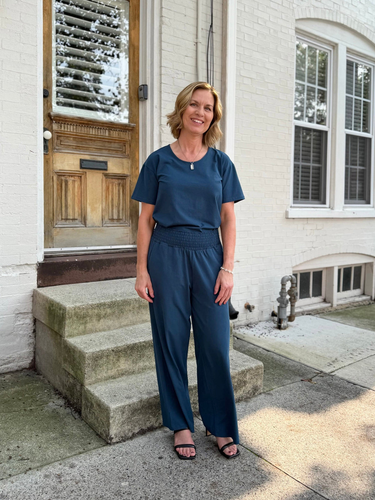EVELINE smocked jersey pants in Atlantic Blue
