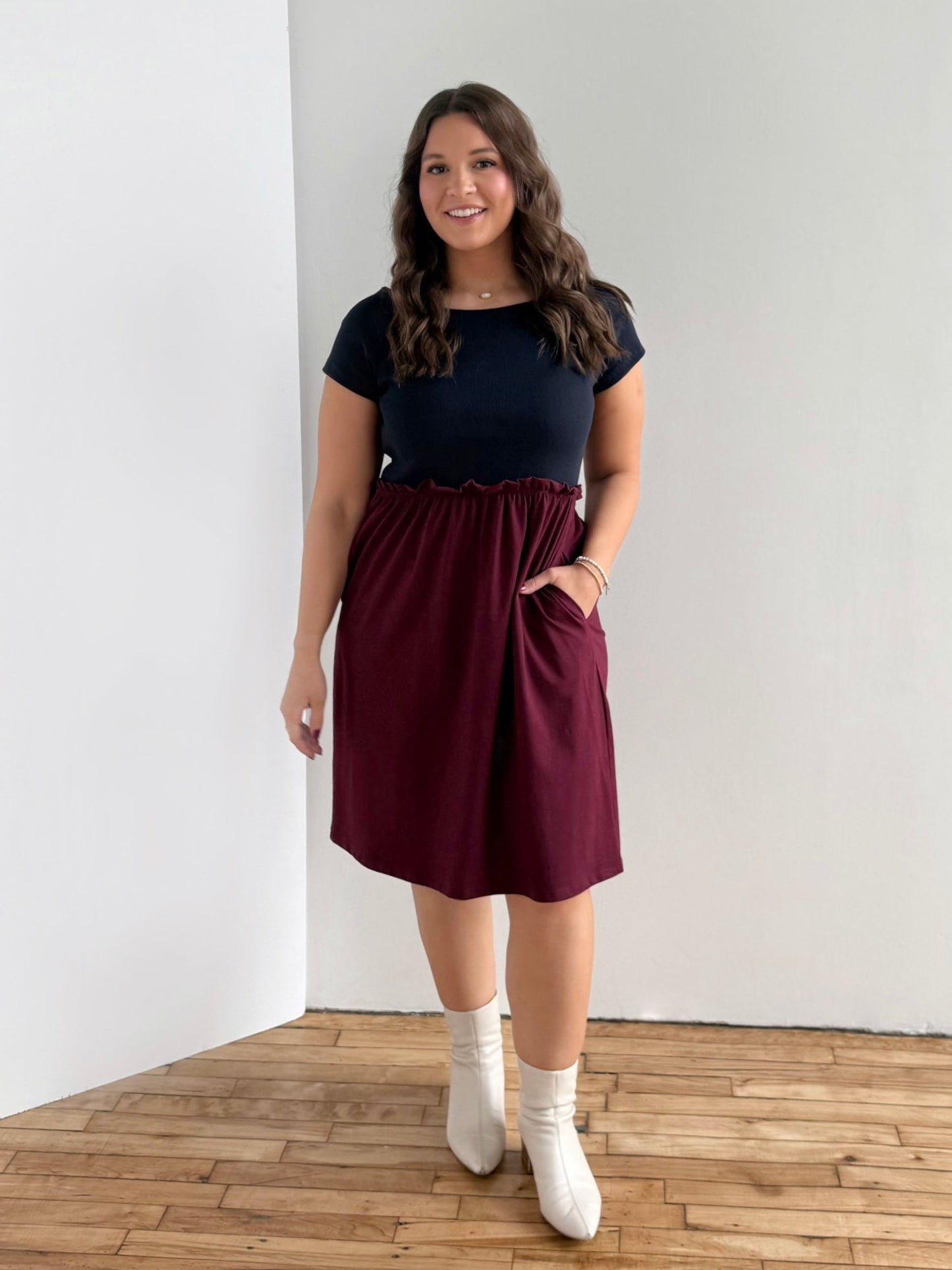 CAITLIN rib+jersey dress in Navy/Merlot