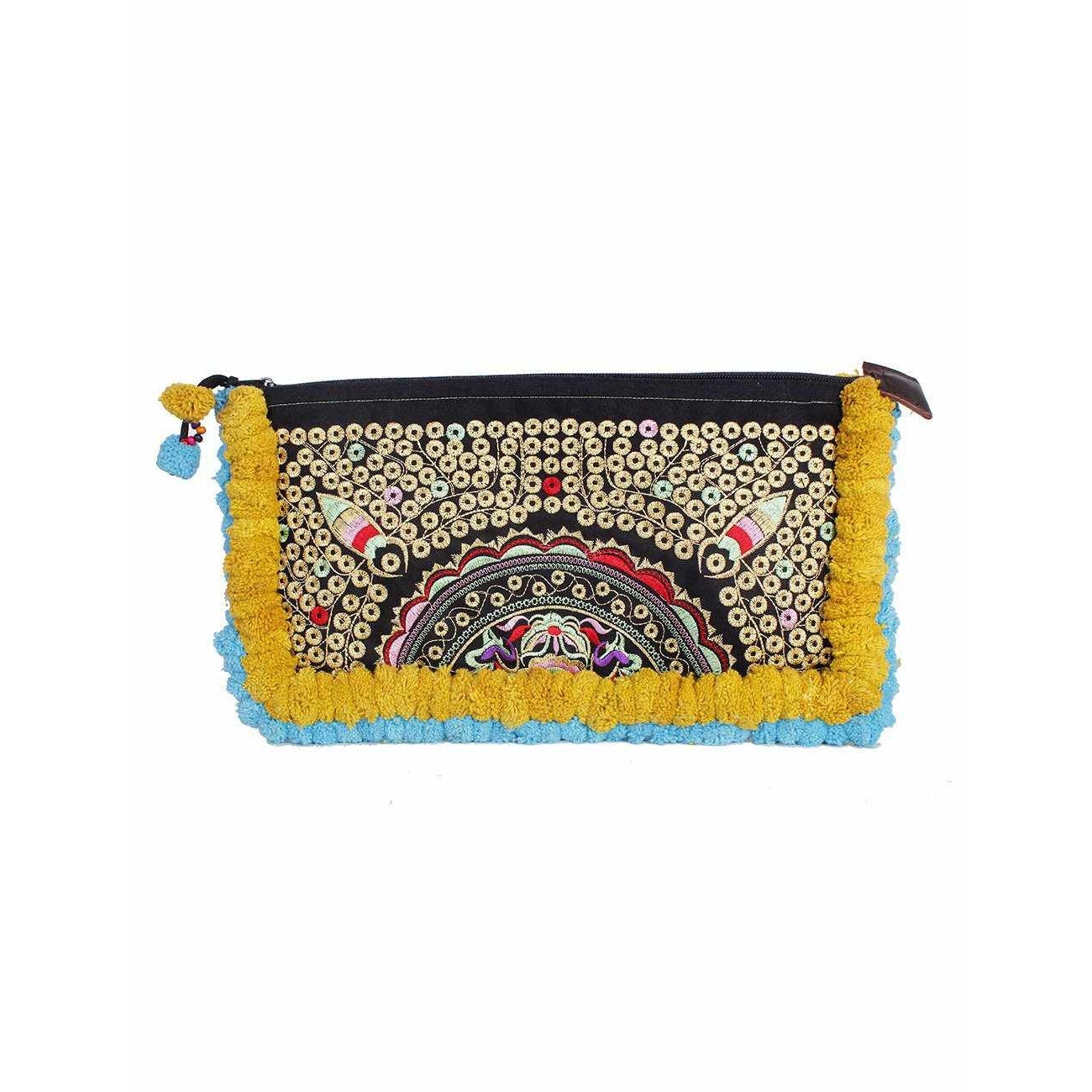 Double Pompom Embroidered Hmong Clutch - Thailand