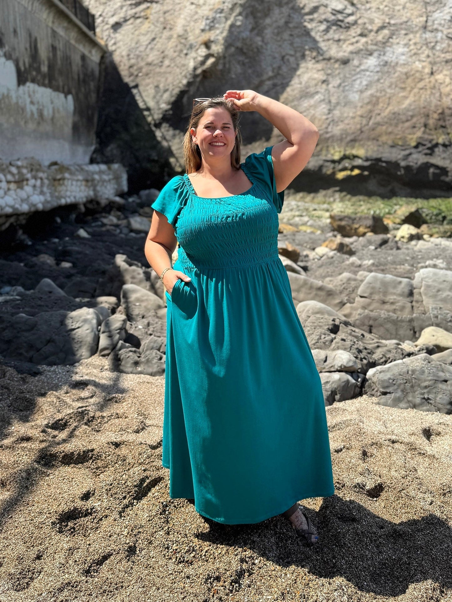 ADELIA smocked dress in Teal