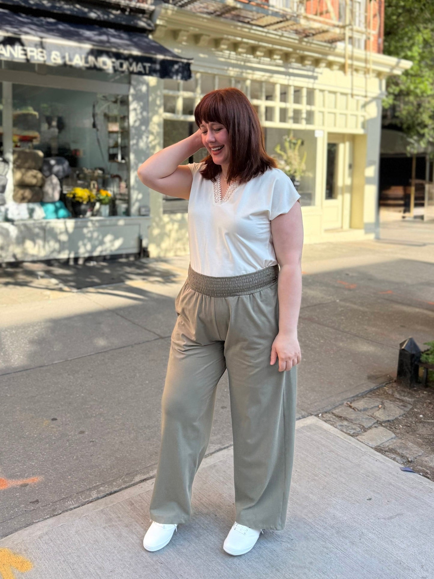 EVELINE smocked jersey pants in Silver Sage