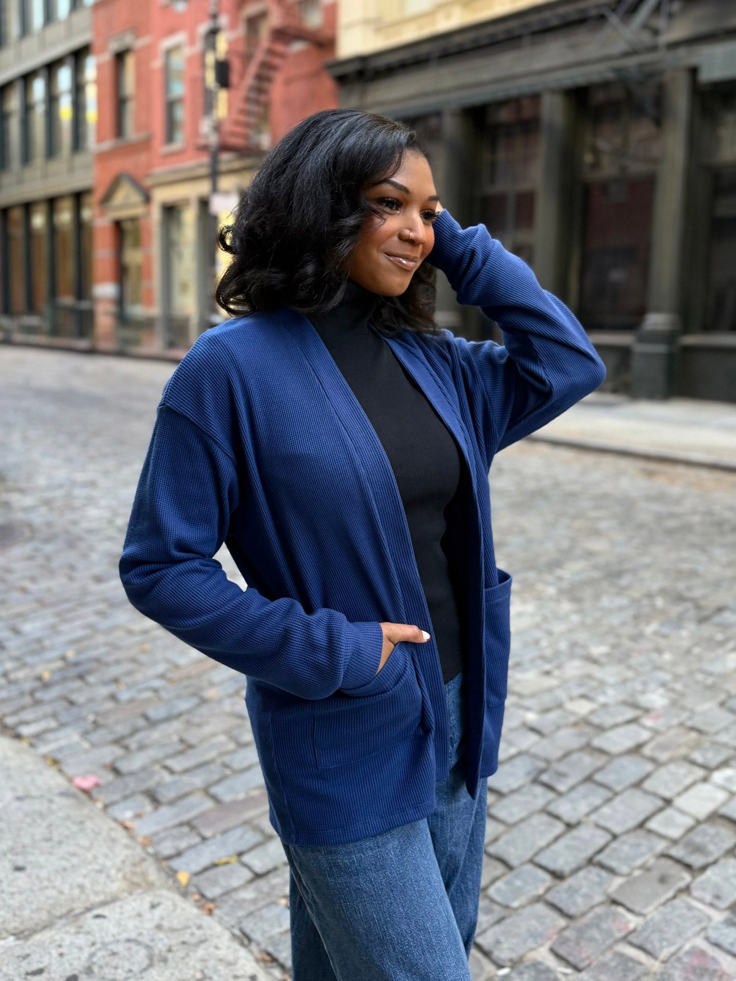 RILEY waffle knit cardigan in Blue Depths