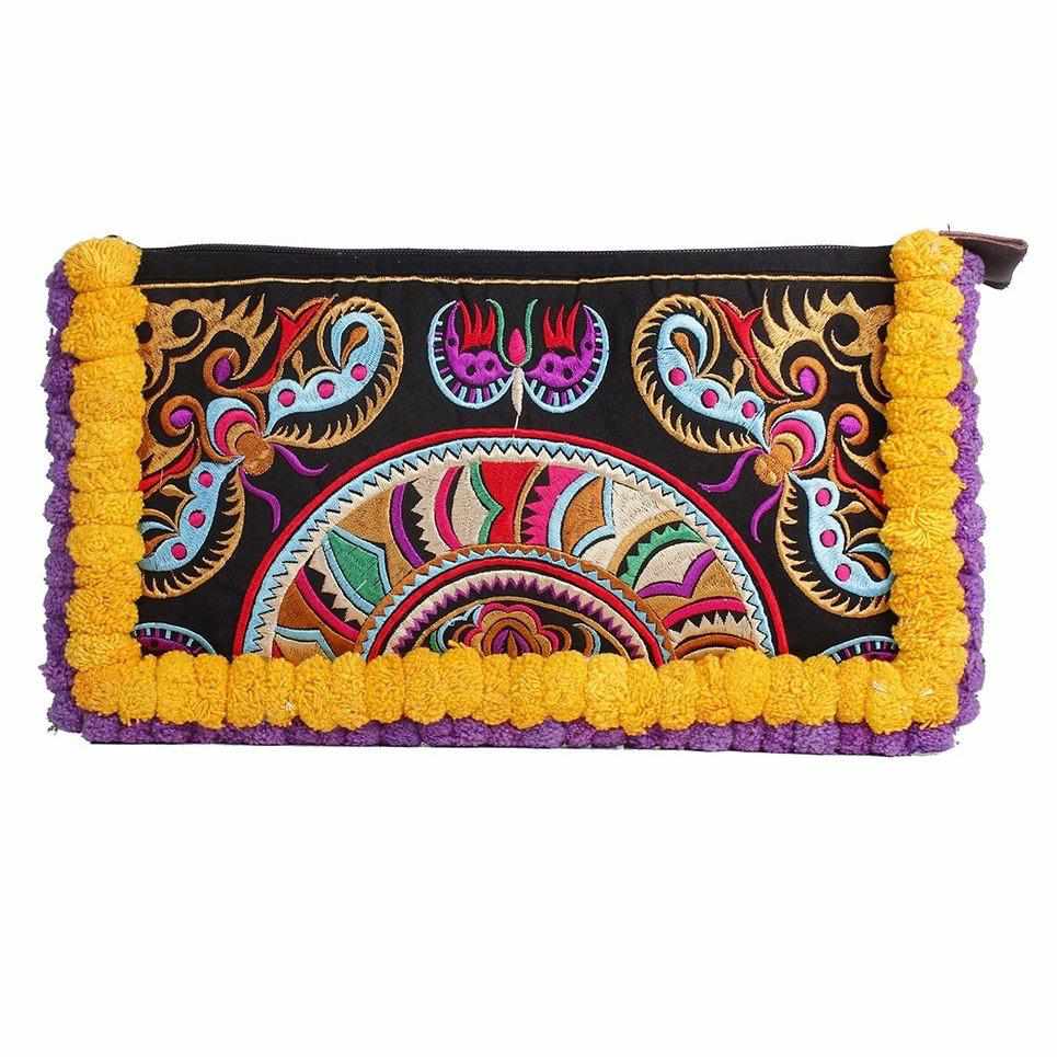 Double Pompom Embroidered Hmong Clutch - Thailand