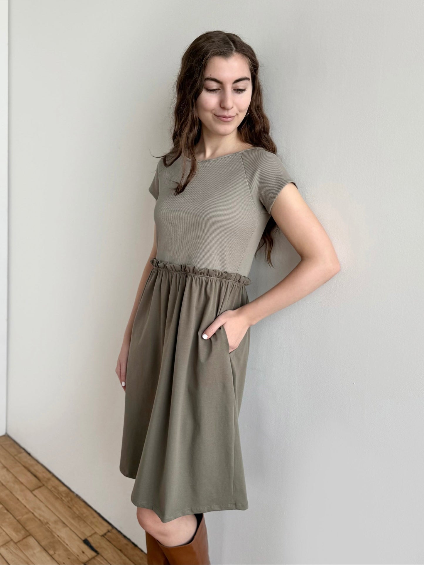 CAITLIN rib+jersey dress in Sage
