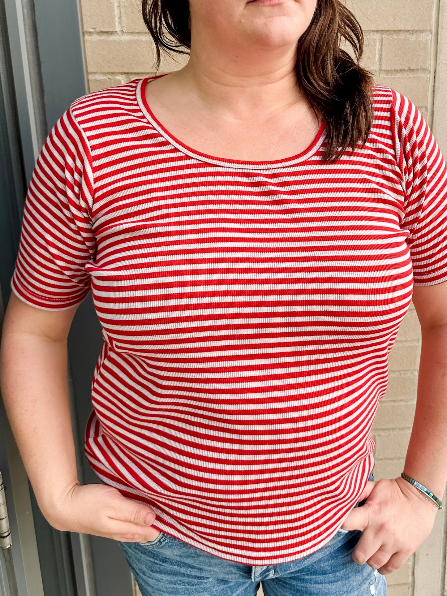 Elbow Sleeve Ribbed Stripe Knit Top