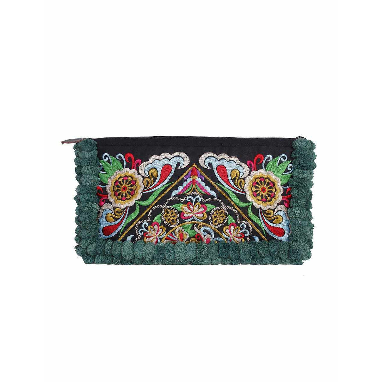 Double Pompom Embroidered Hmong Clutch - Thailand