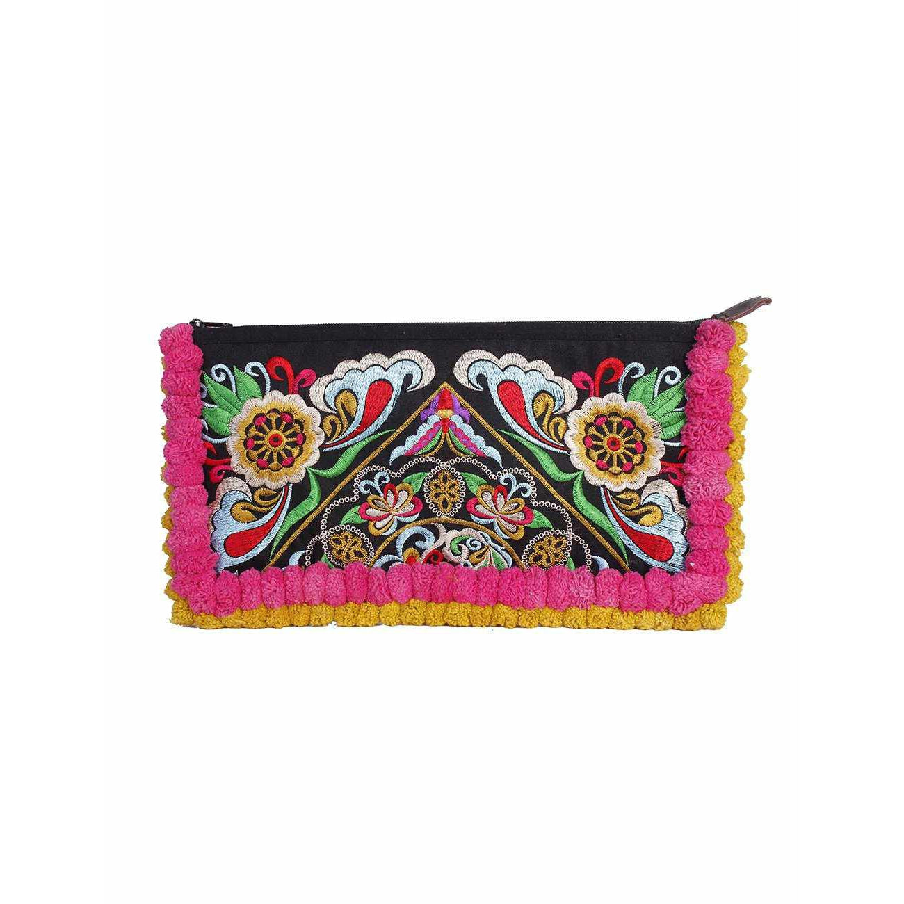 Double Pompom Embroidered Hmong Clutch - Thailand