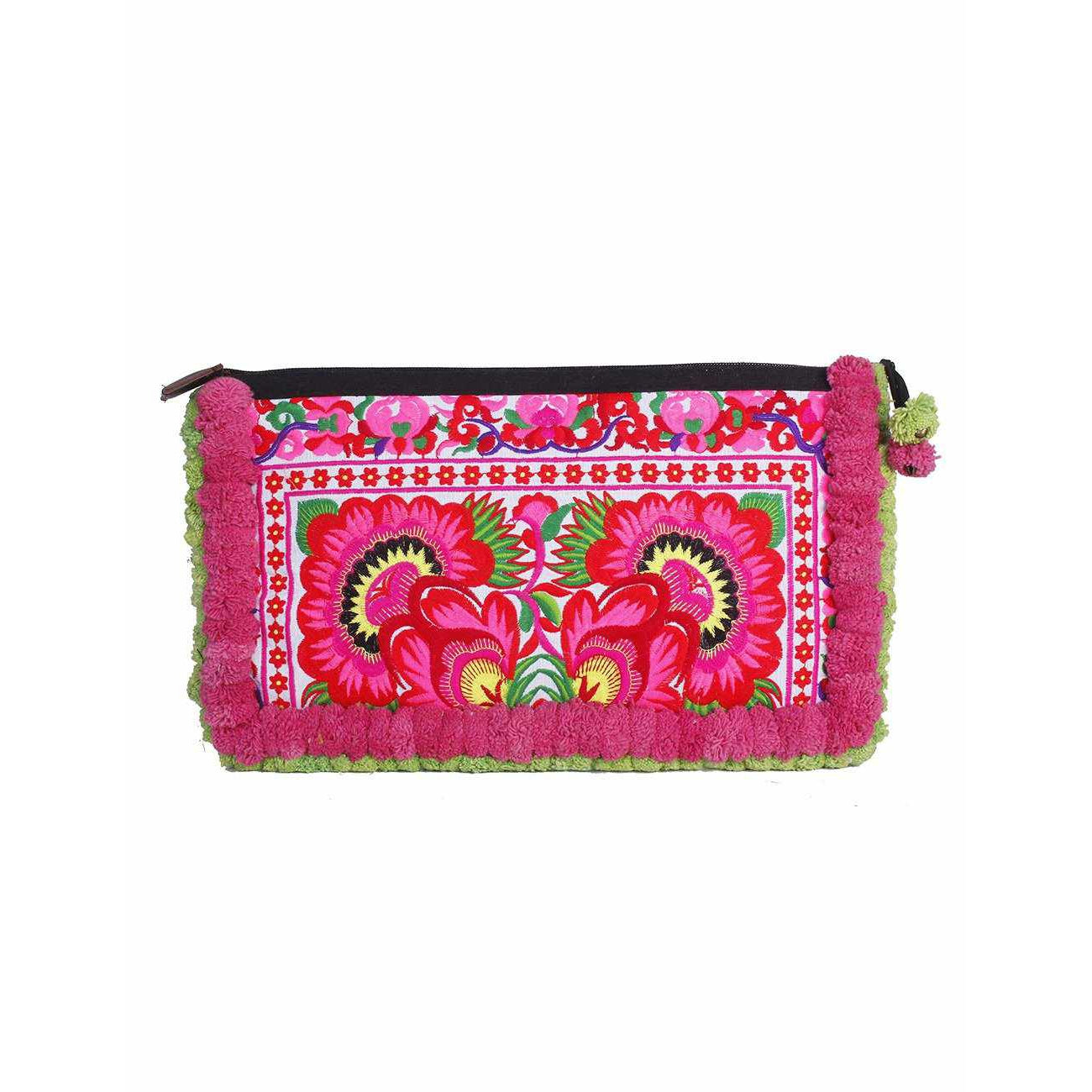 Double Pompom Embroidered Hmong Clutch - Thailand