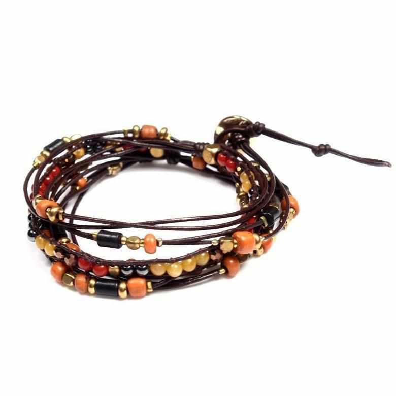 5-Wrap Leather & Beads Bracelet / Necklace - Thailand