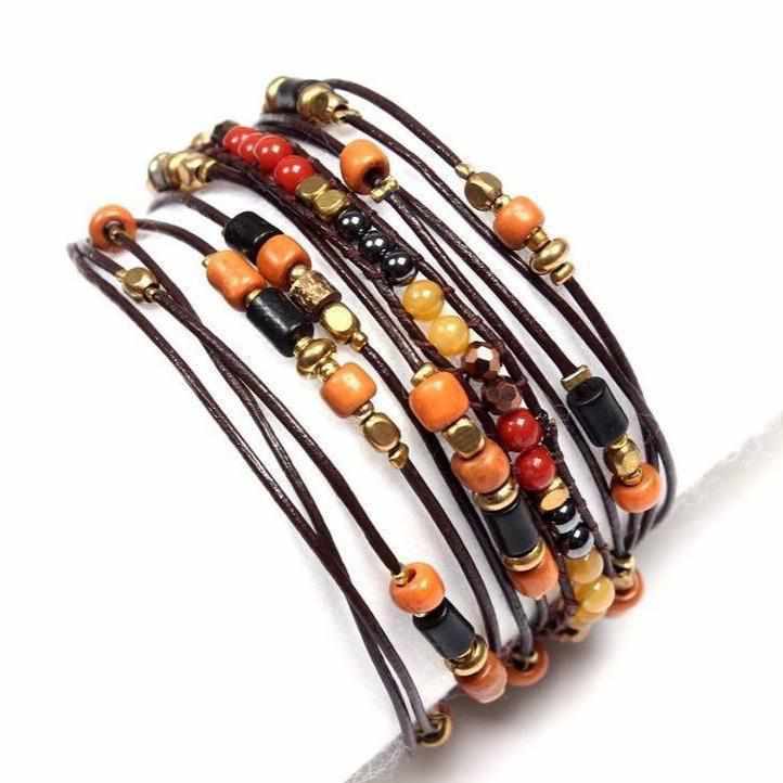 5-Wrap Leather & Beads Bracelet / Necklace - Thailand