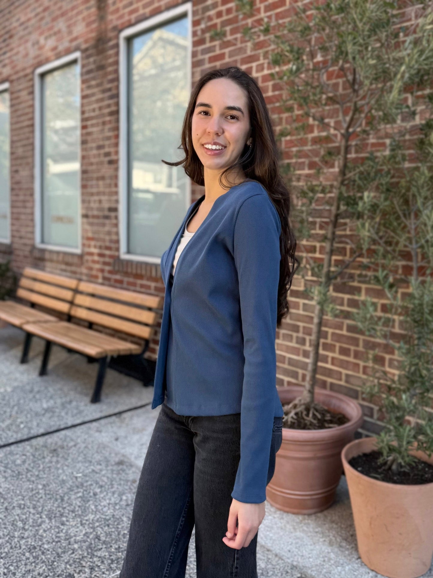 JUDE rib-knit fitted cardigan in Faded Navy