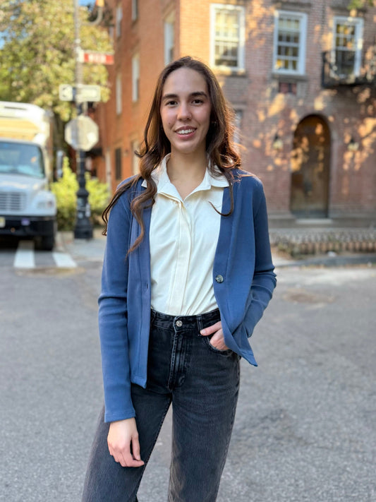 JUDE rib-knit fitted cardigan in Faded Navy