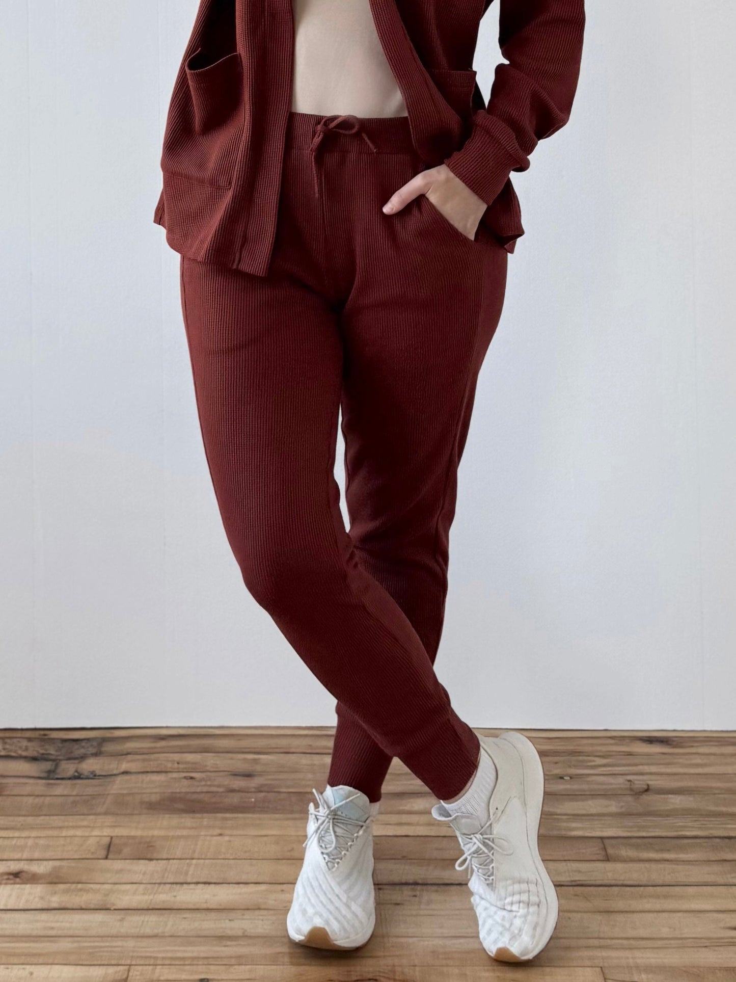 OWEN waffle knit joggers in Cherrywood