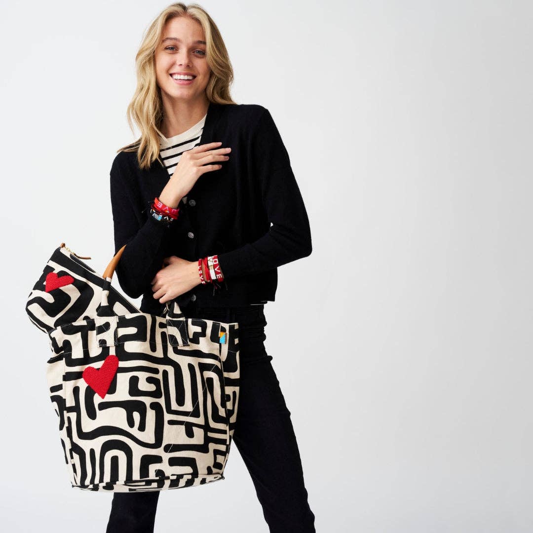 XLarge Convertible Pouch - Black Kuba with Red Beaded Heart