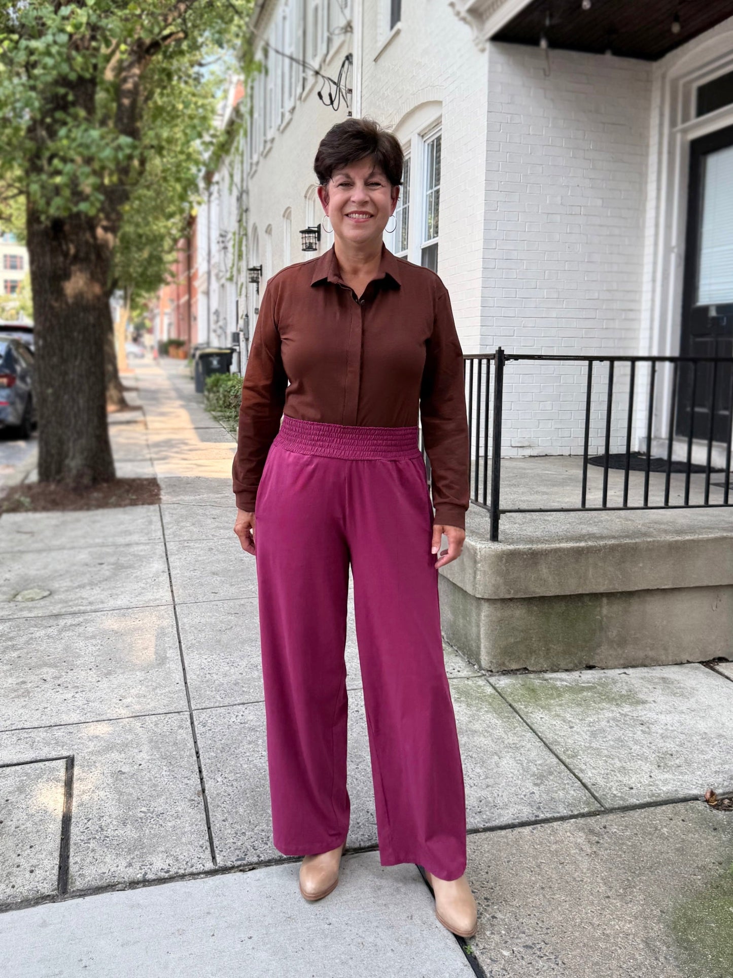EVELINE smocked jersey pants in Deep Berry
