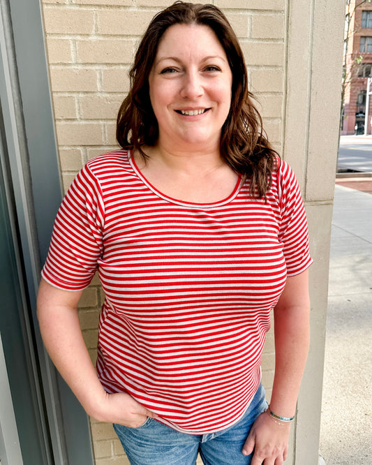 Elbow Sleeve Ribbed Stripe Knit Top