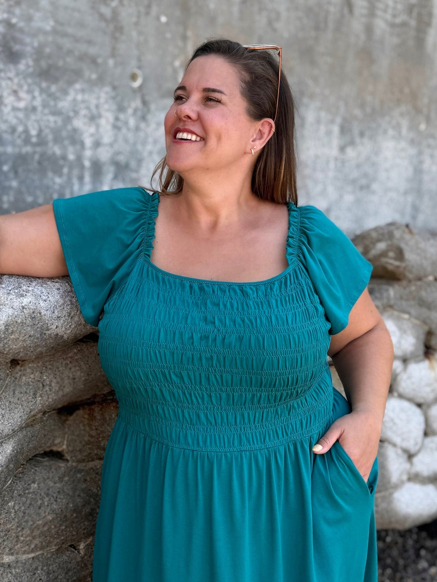ADELIA smocked dress in Teal