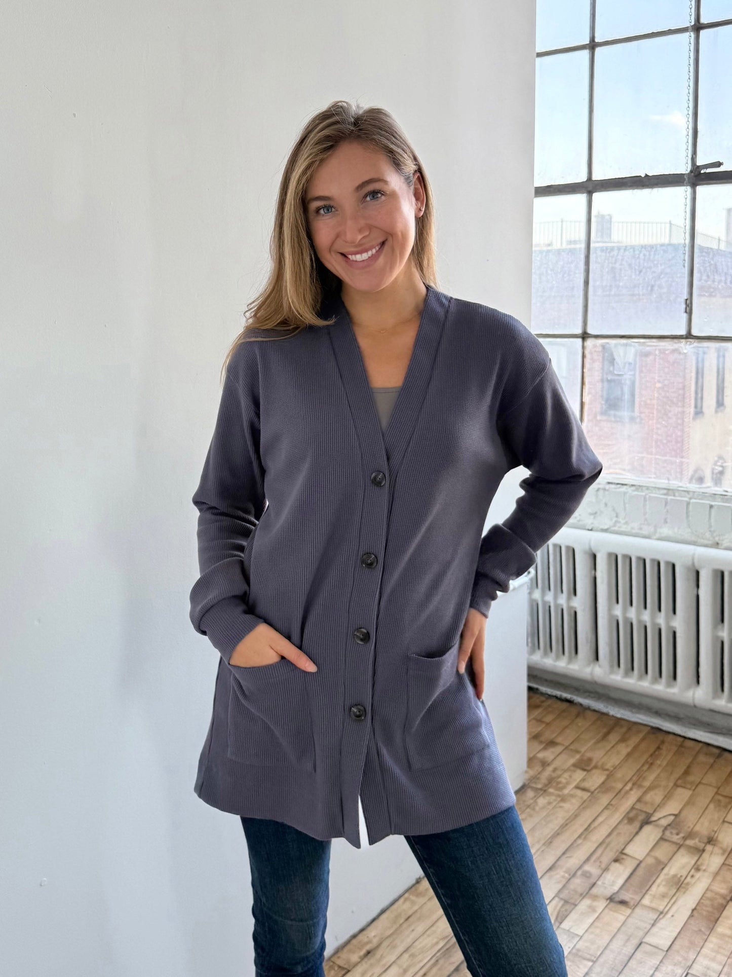 EVERLY waffle knit cardigan in Stonewash