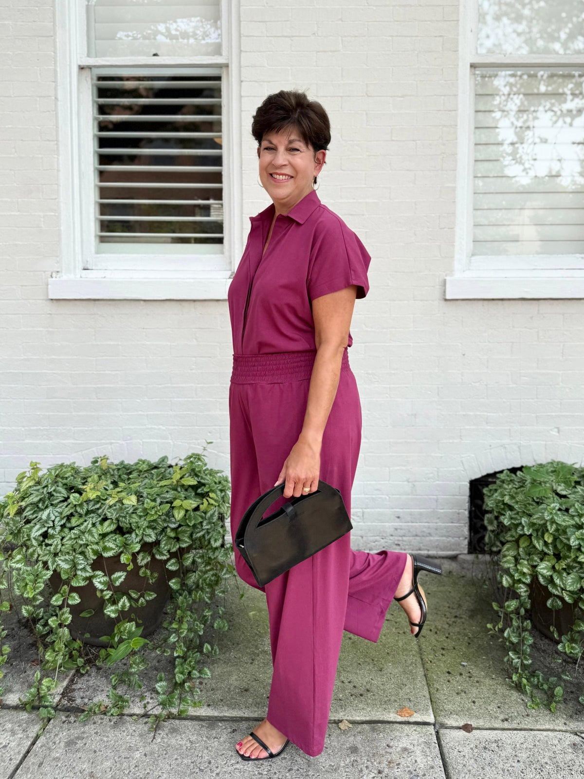 EVELINE smocked jersey pants in Deep Berry