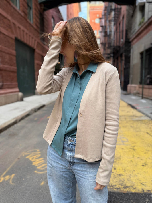 JUDE rib-knit fitted cardigan in Sandstone