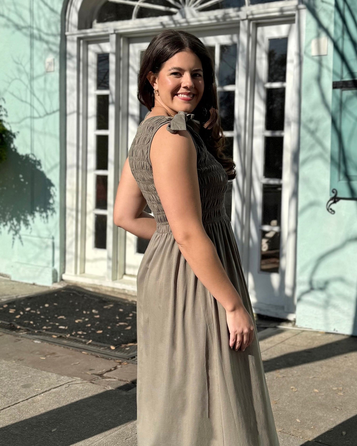 silver sage dress Azazie Cheryl