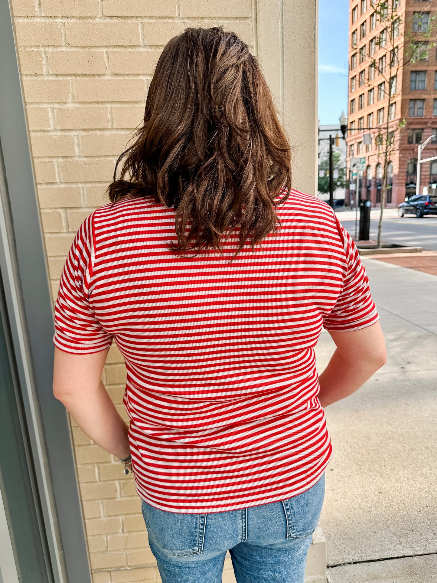 Elbow Sleeve Ribbed Stripe Knit Top