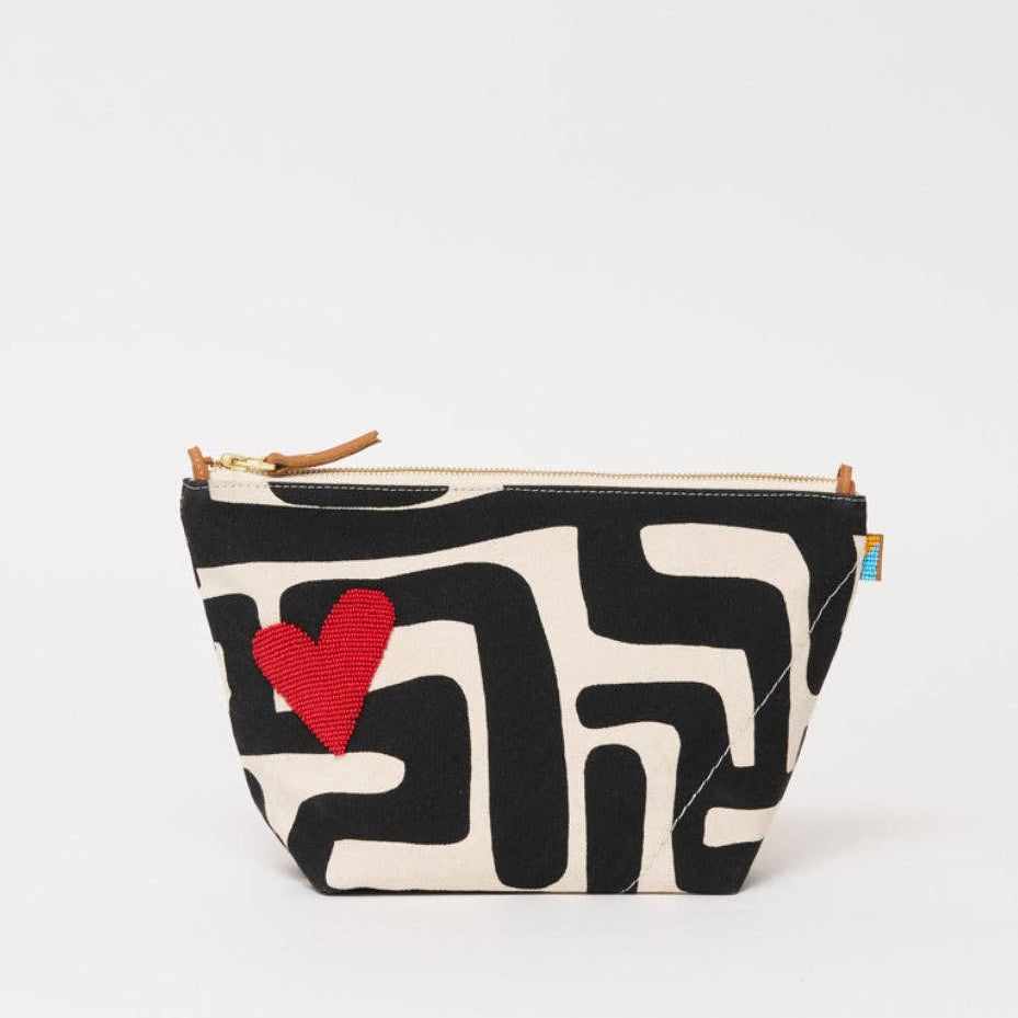 XLarge Convertible Pouch - Black Kuba with Red Beaded Heart