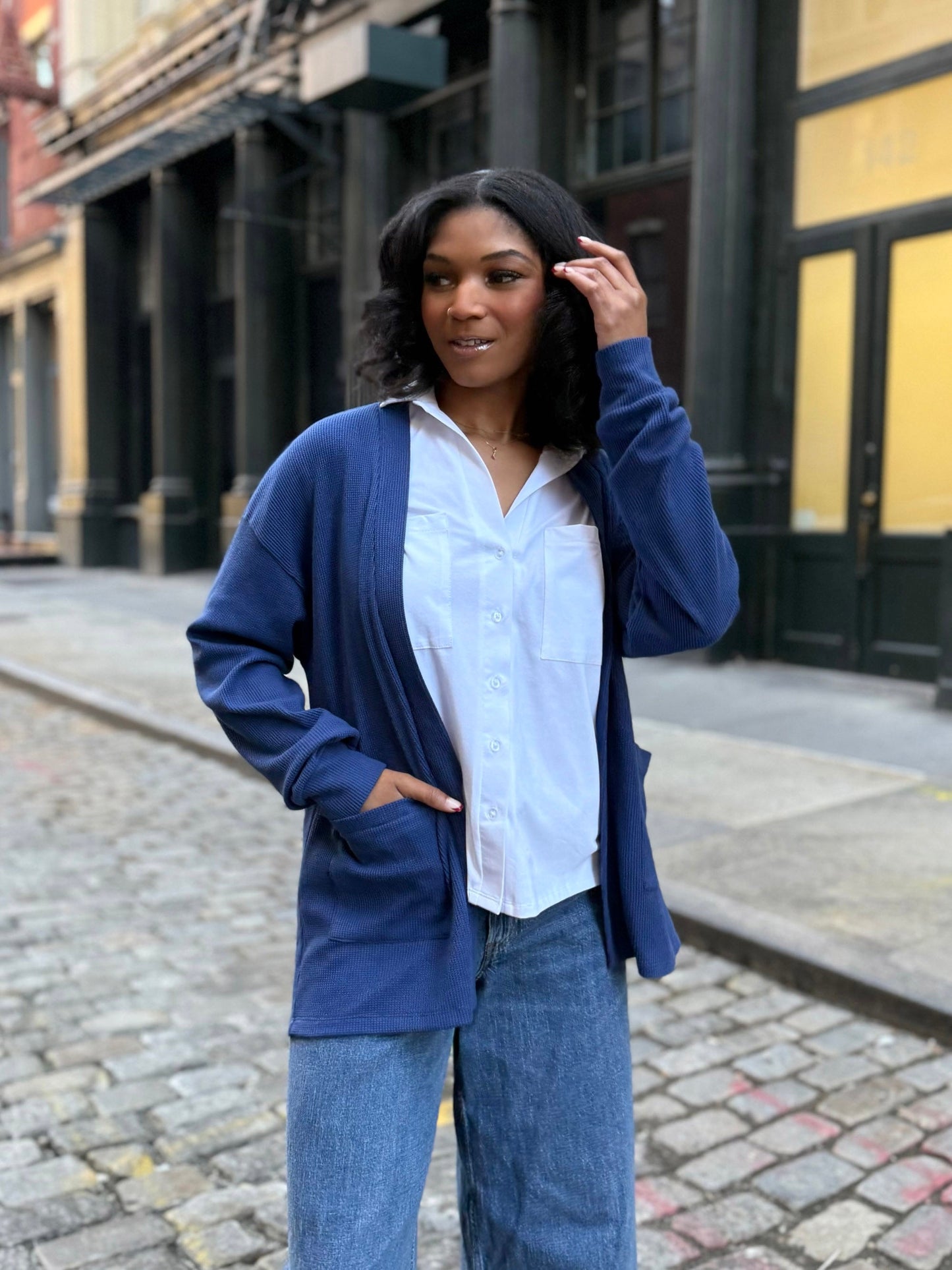 RILEY waffle knit cardigan in Blue Depths