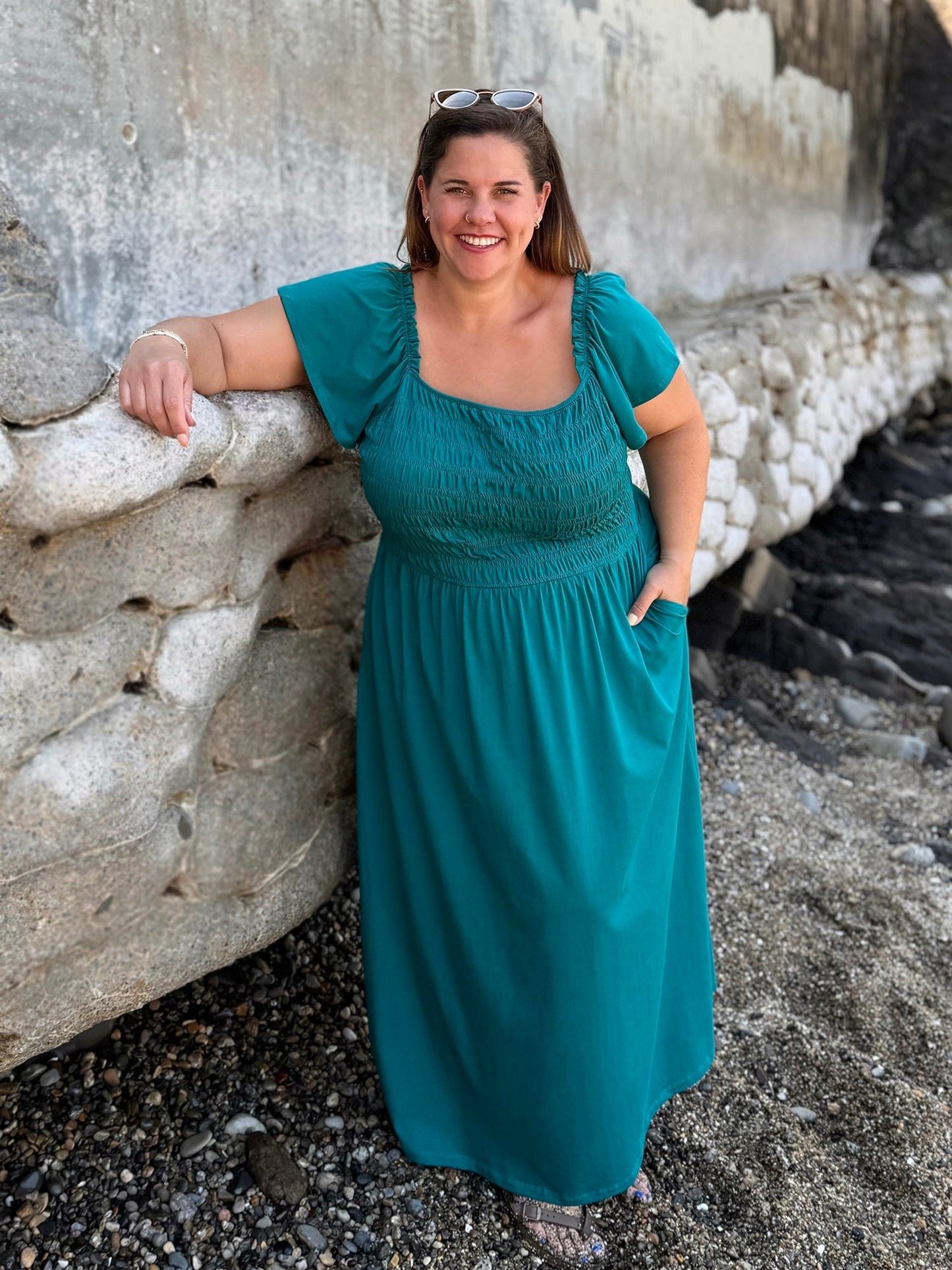 ADELIA smocked dress in Teal