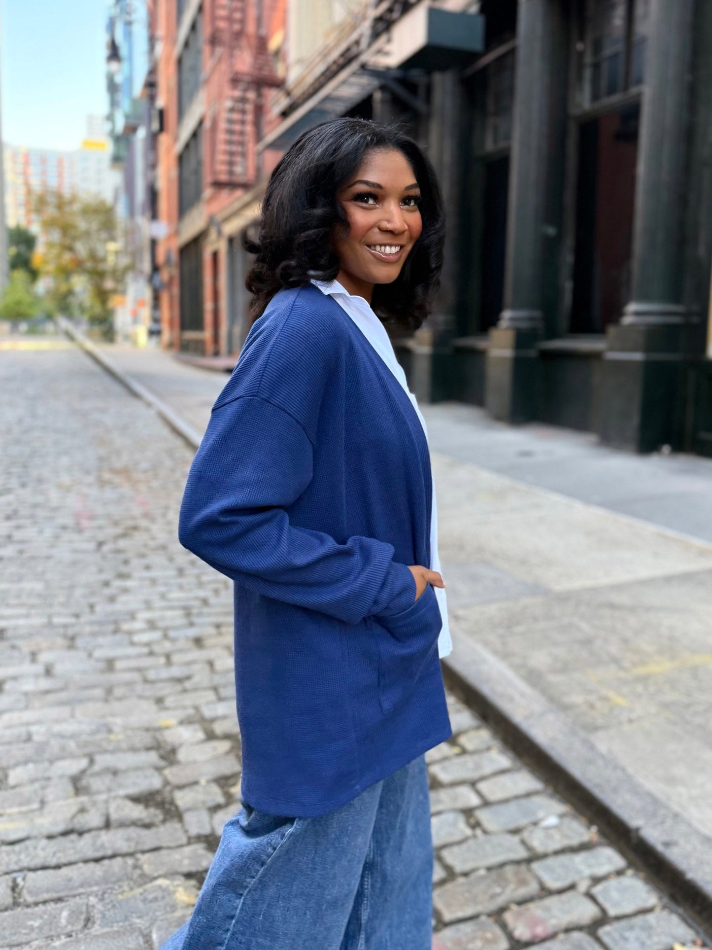 RILEY waffle knit cardigan in Blue Depths