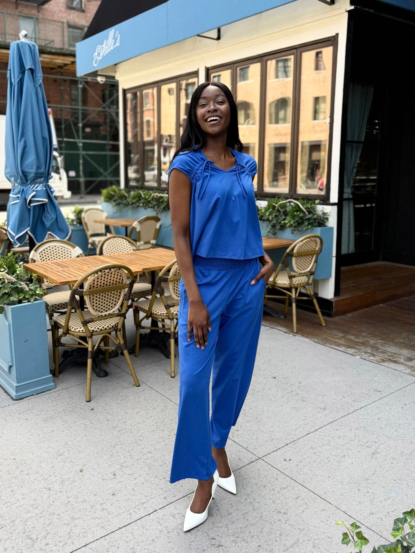 EVELINE smocked jersey pants in Blue Iolite