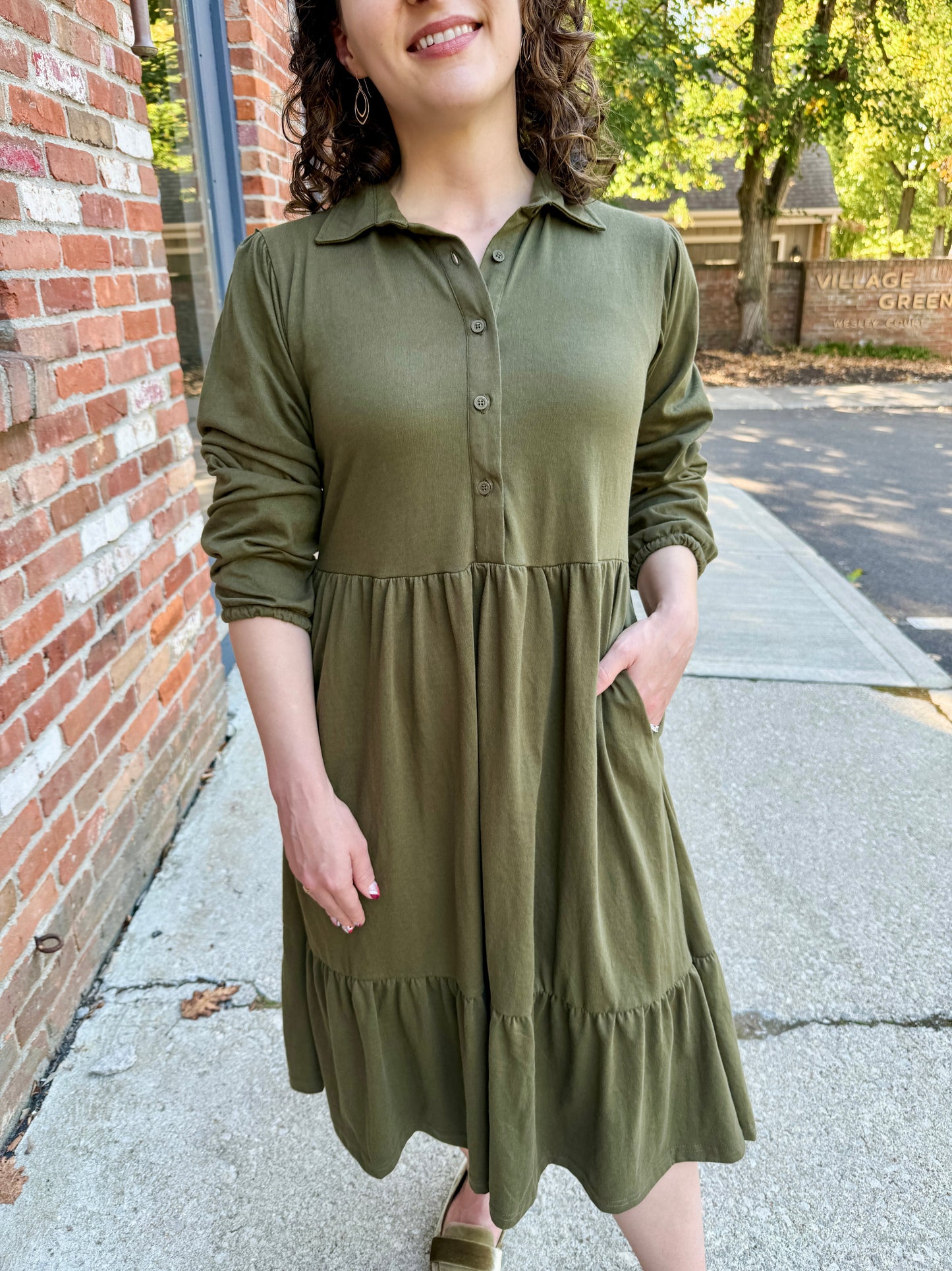 Tiered Knit Shirt Dress Olive
