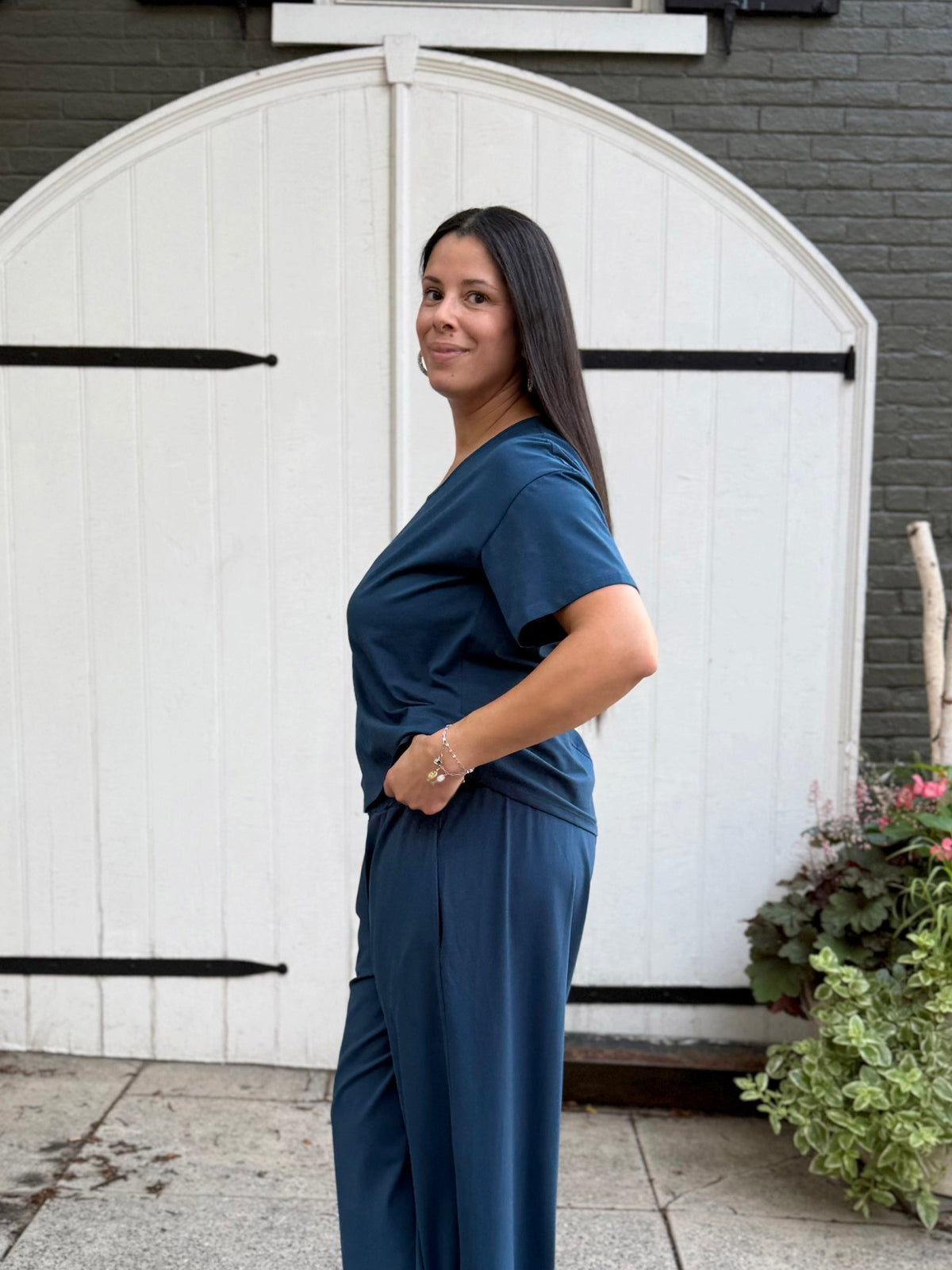 EVELINE smocked jersey pants in Atlantic Blue