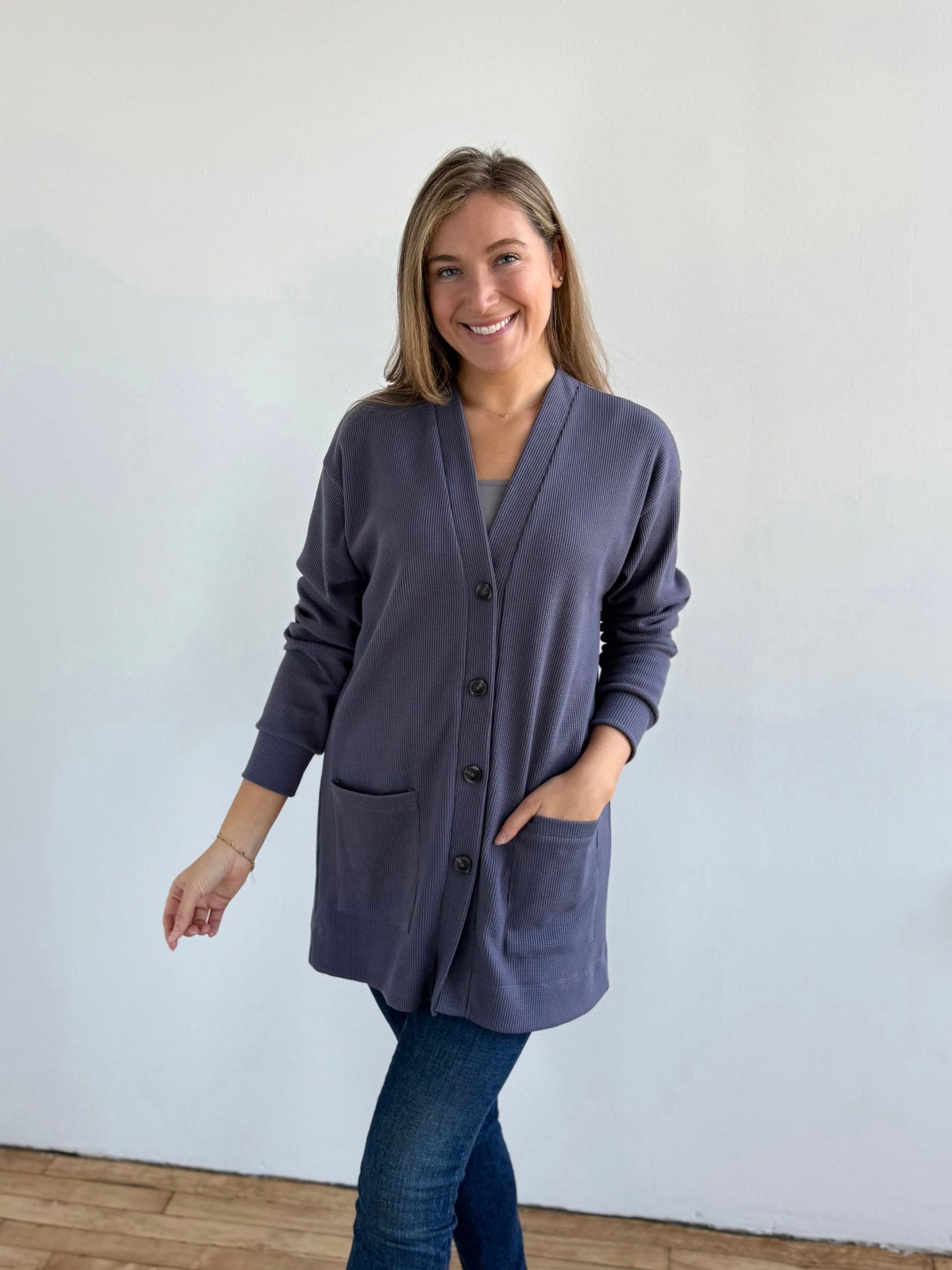 EVERLY waffle knit cardigan in Stonewash