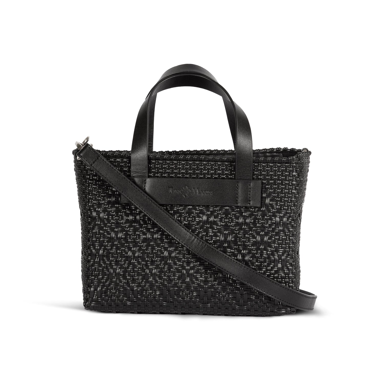 All Black Small Woven Crossbody Bag - Black Leather