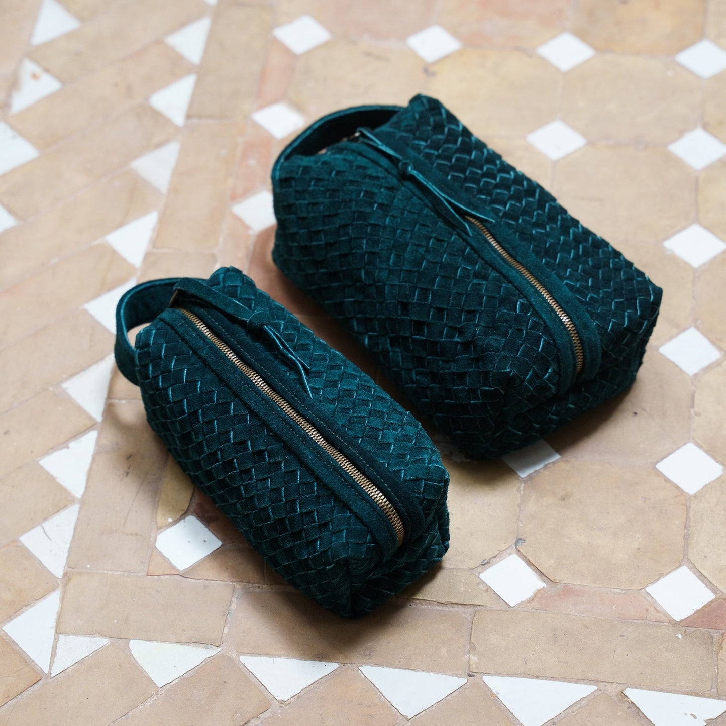 Teal Suede Woven Leather Makeup Bag