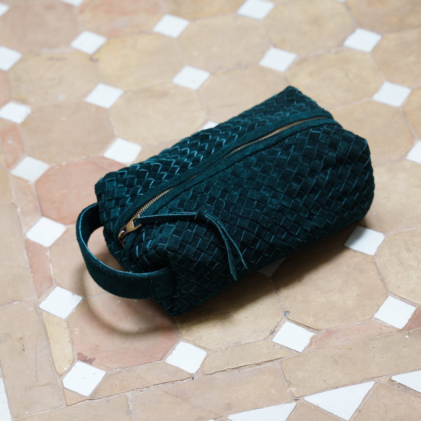 Teal Suede Woven Leather Makeup Bag