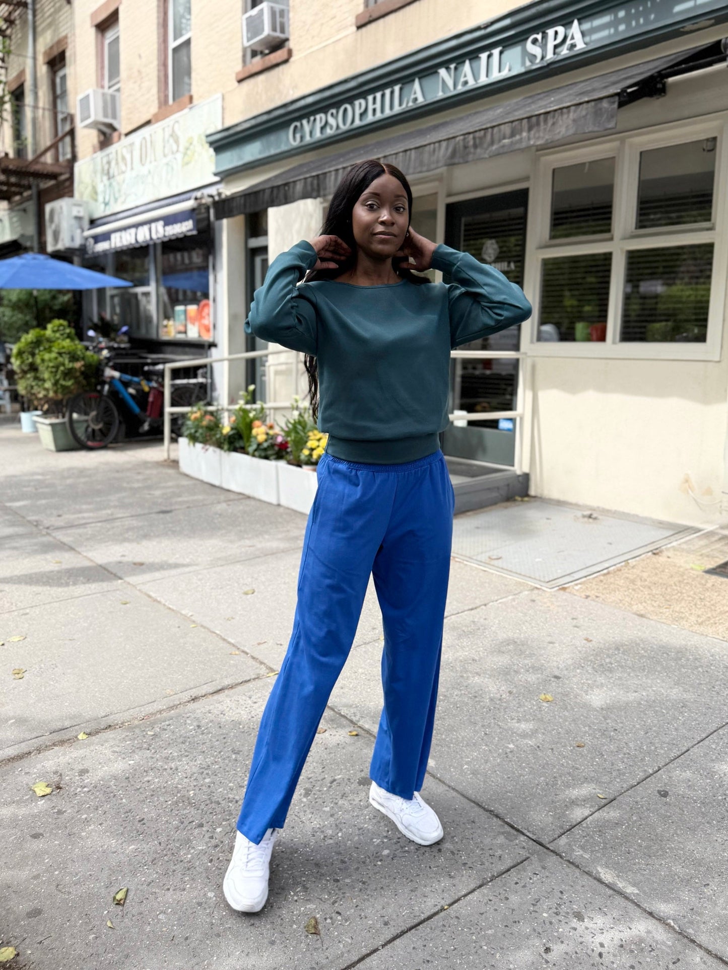 EVELINE smocked jersey pants in Blue Iolite