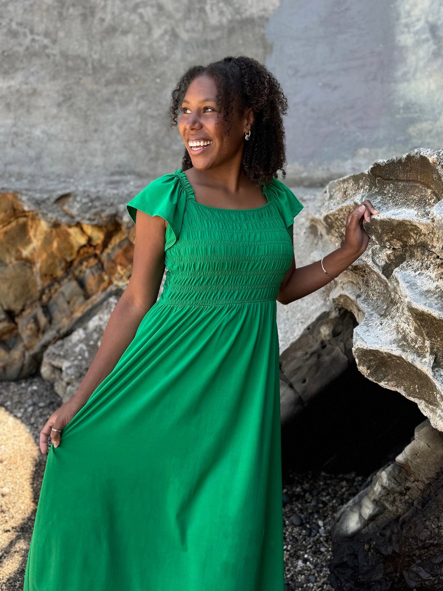 ADELIA smocked dress in Leaf Green
