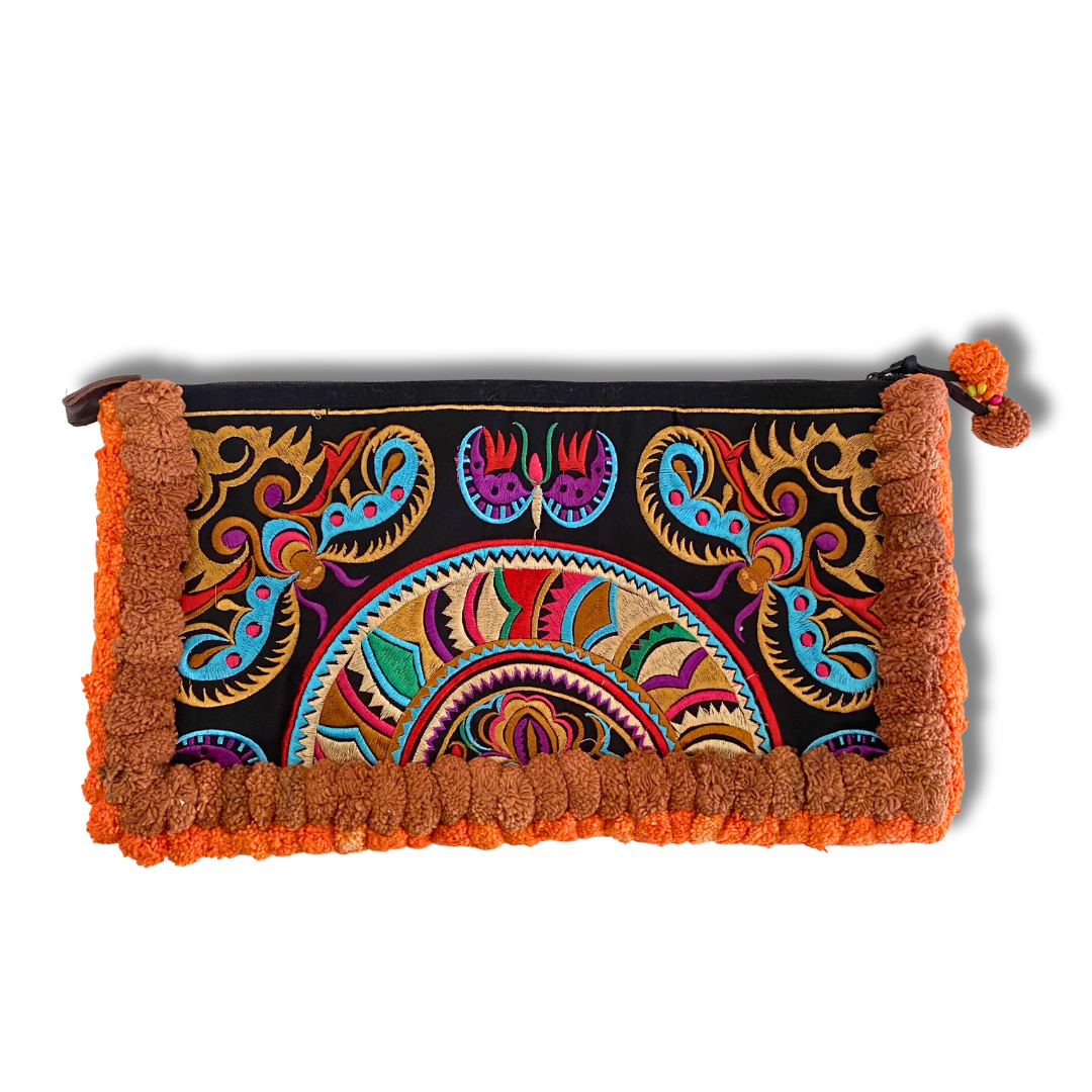 Double Pompom Embroidered Hmong Clutch - Thailand