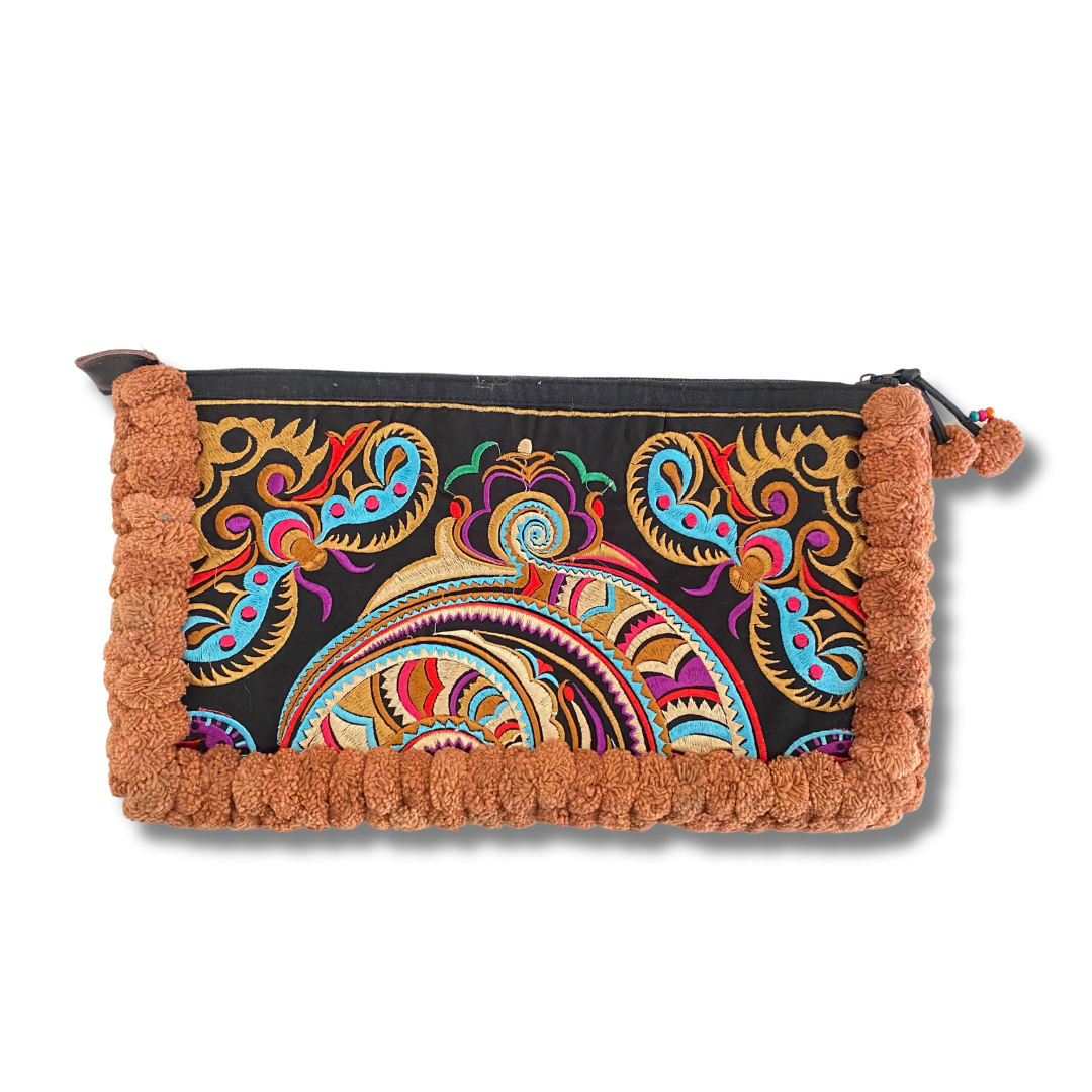 Double Pompom Embroidered Hmong Clutch - Thailand