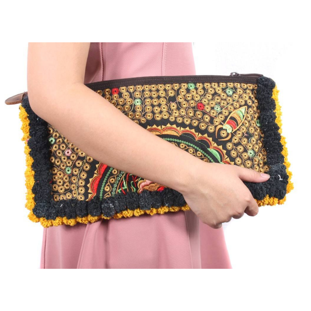 Double Pompom Embroidered Hmong Clutch - Thailand
