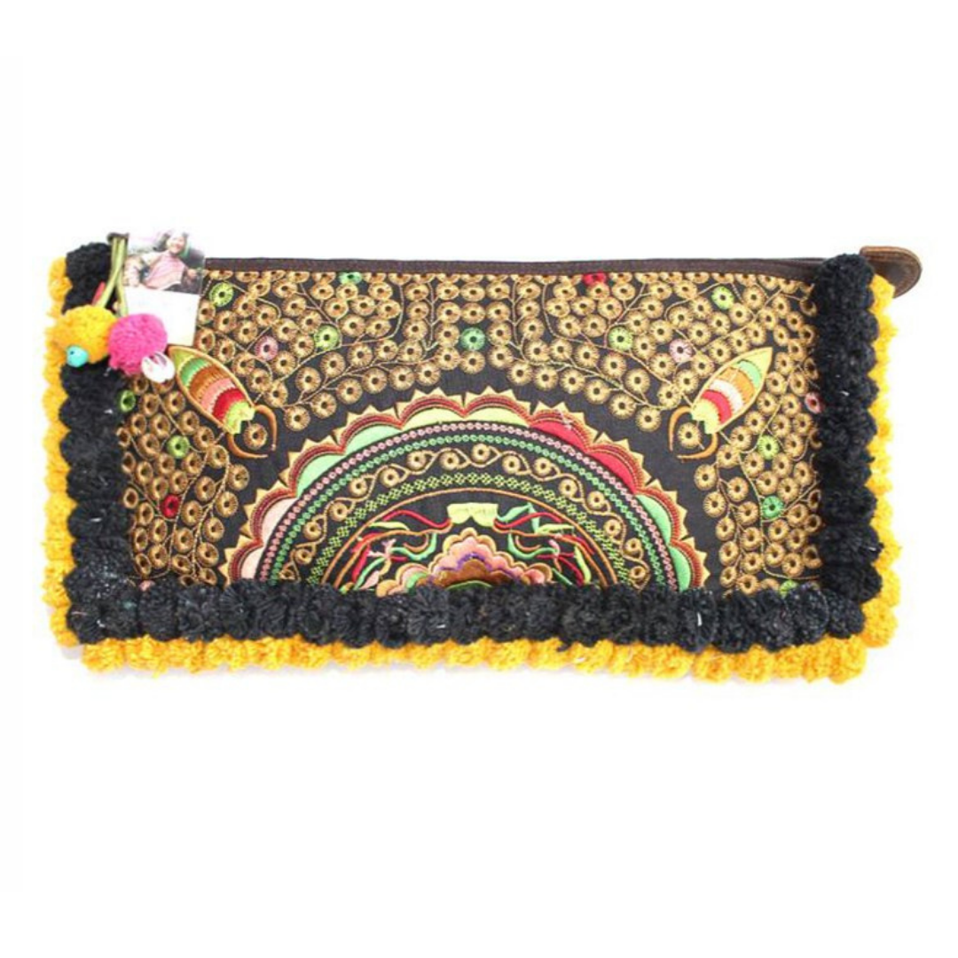 Double Pompom Embroidered Hmong Clutch - Thailand