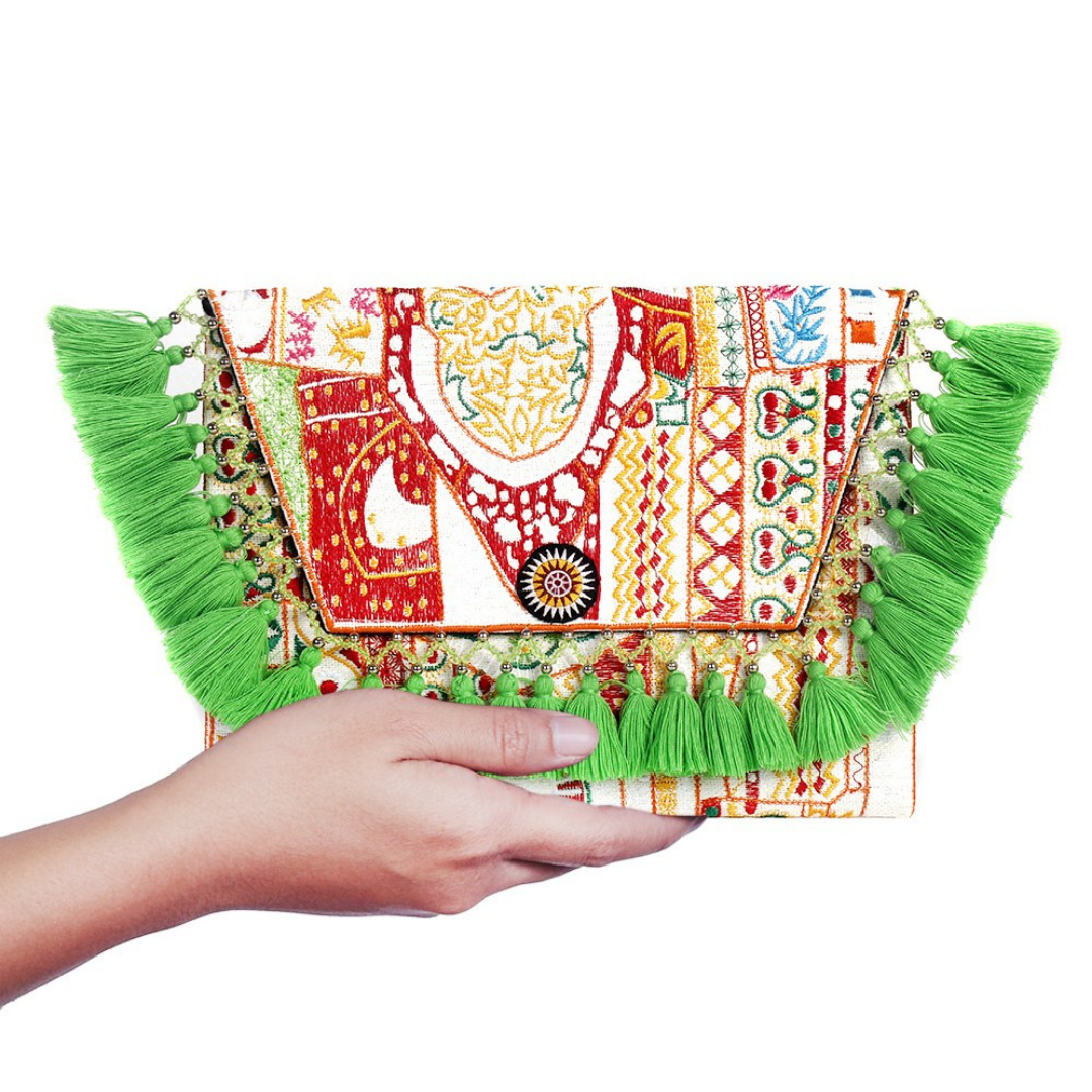 Embroidered Multi Tassel Envelope Clutch Bag - Thailand