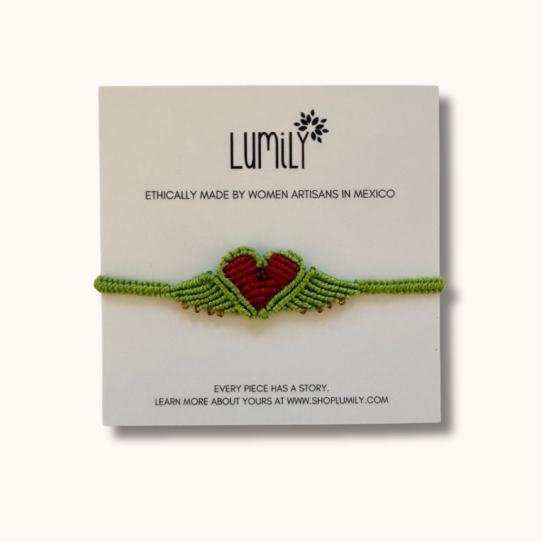 Assorted Colors, Macrame Woven Heart Wings Pull String Bracelet - Mexico